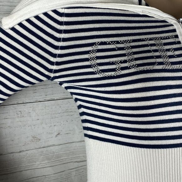 Guess Sweater Jacket Juniors Medium Black White Striped Rhinestone Logo Full Zip - Picture 5 of 12